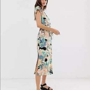Monki wrap front midi dress with abstract print in pink